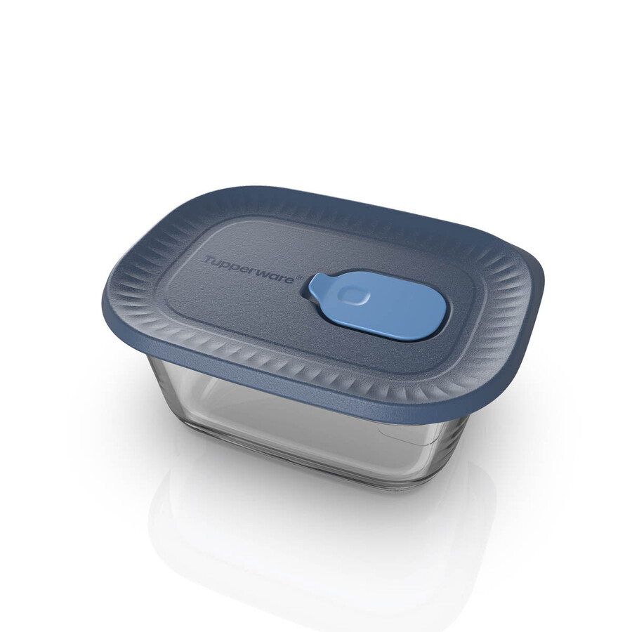 boîte de conservation en verre tupperware voila mini rectangulaire gris foncé et bleu couvercle