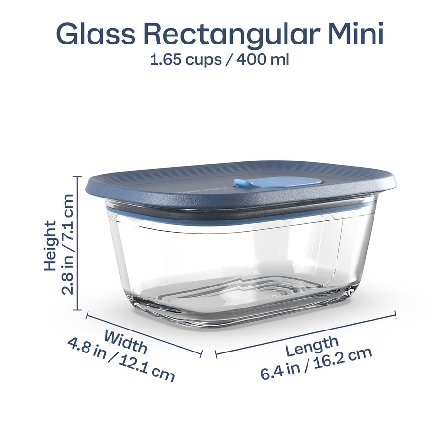 boîte de conservation en verre tupperware voila mini rectangulaire gris foncé et bleu couvercle