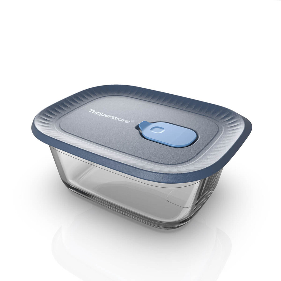 boîte de conservation en verre tupperware voila petit modèle rectangulaire gris foncé et bleu couvercle