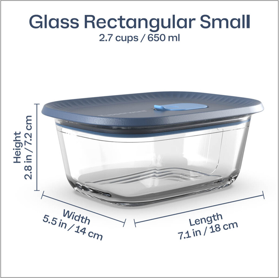 boîte de conservation en verre tupperware voila petit modèle rectangulaire gris foncé et bleu couvercle