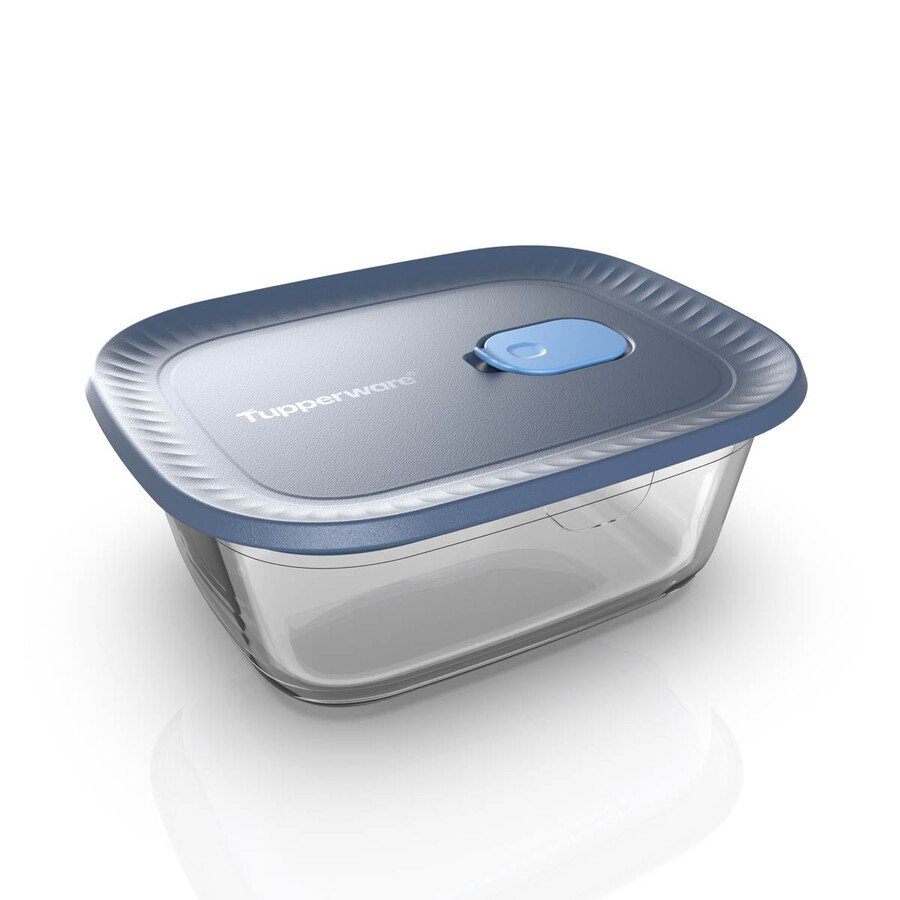 boîte de conservation en verre tupperware voila rectangulaire moyenne gris foncé et bleu couvercle