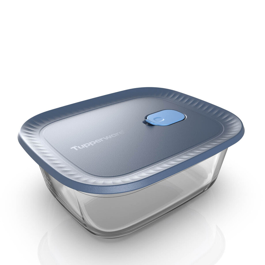 boîte de conservation en verre tupperware voila grand modèle rectangulaire gris foncé et bleu couvercle