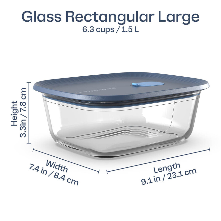 boîte de conservation en verre tupperware voila grand modèle rectangulaire gris foncé et bleu couvercle